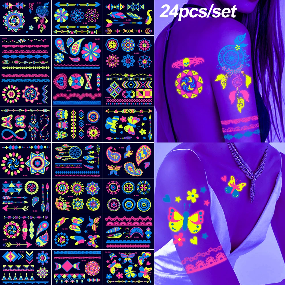 4/8/12/24Pcs Fluorescent Face/Body Tattoos Stickers 15x10cm Mixed Fluorescent Temporary Tattoos Stickers DIY Waterproof Sticker tattoo sticker temporary tattoos