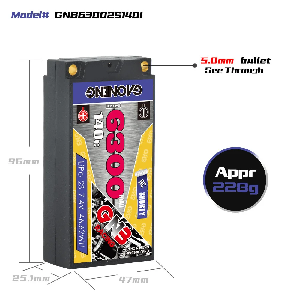 GNB 2S Shorty 7.4V 6300mAh 140C/280C RC Lipo Battery With 5mm Bullet Deans Ultra Plug for RC Car Truck Boat FPV Drones Parts