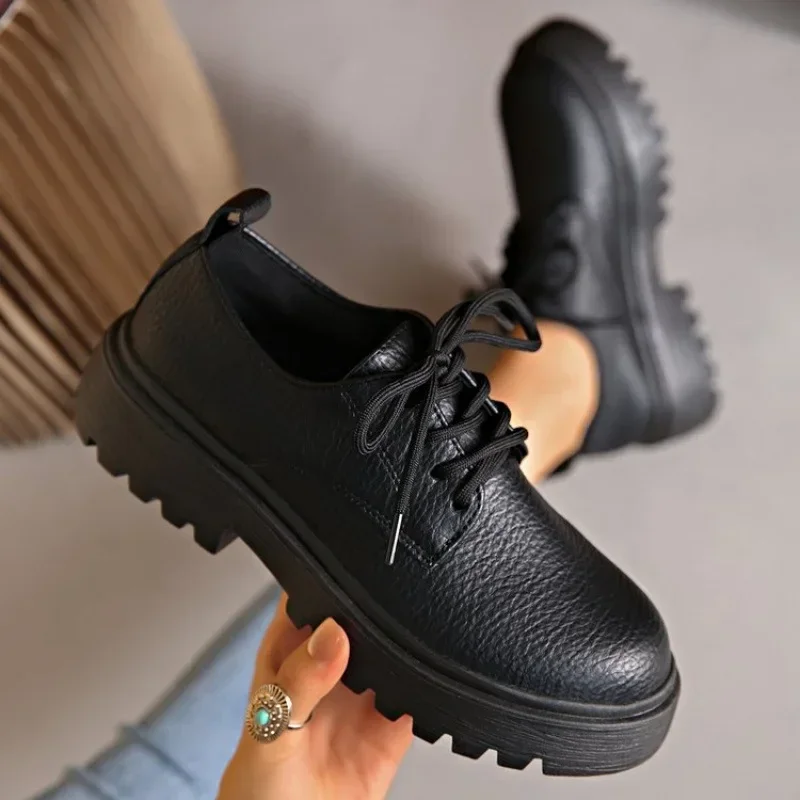 British Style Women's Flats Heightening Thick Bottom Loafers Black Single Shoes Fashionable Daily Wear round Toe Microfiber
