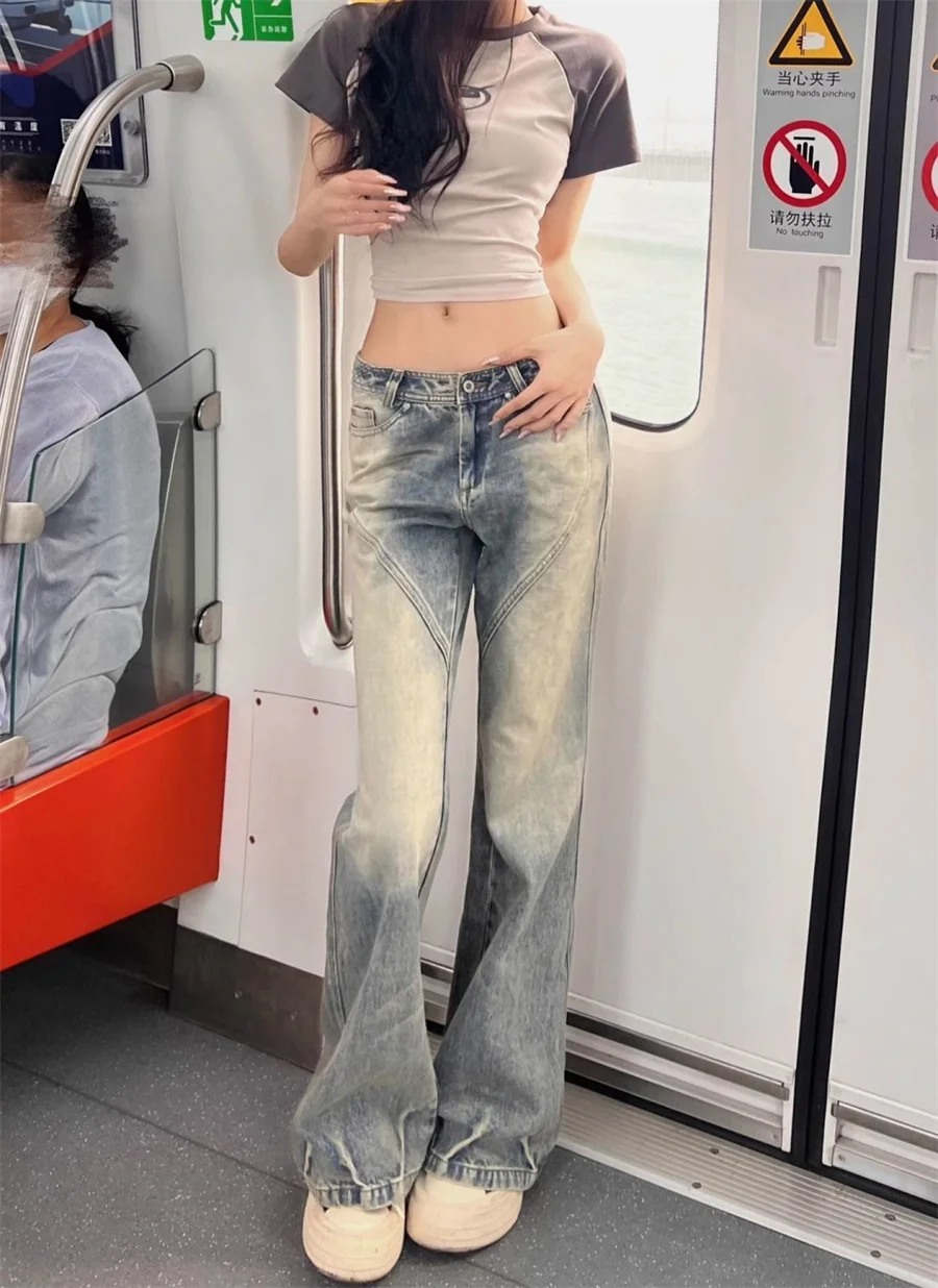 Streetwear Y2k Chic Korean Trend Design Flare Baggy Jeans For Women Low Waist Boot Cut Retro Slim Female Denim Trousers Pants