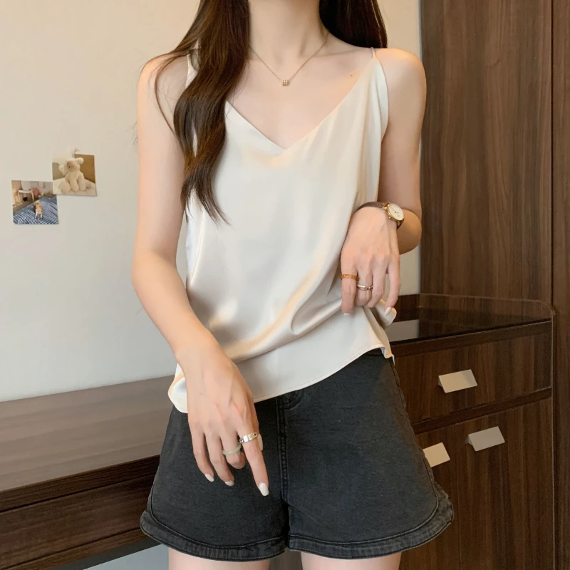 

Oversize Tank Top Women Summer New Basics Solid Vest Inner Wear Korean SATIN V-neck Pullover Camis Femal