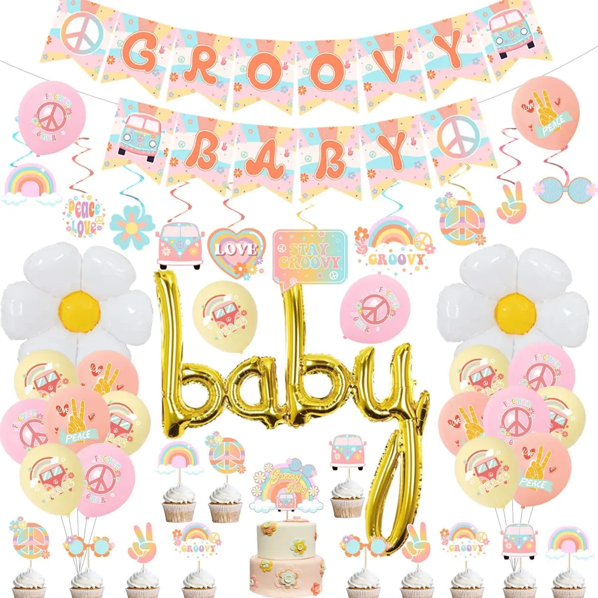

Groovy Baby Shower Decorations Retro Hippie GROOVY BABY Banner Boho Rainbow Hanging Swirl Daisy Flower Pastel Balloons for Girl