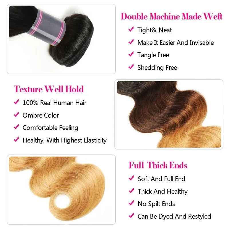 Human Hair Bundles Brazilian Hair T1B/4/27 Ombre Color 1/2/3 Bundles Body Wave Human Virgin Hair Weave 100g/PC Double Weft Extensions Full End