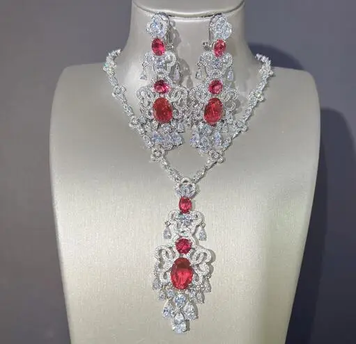 

free shipping green chalcedony jade rhinestone ruby zircon crystal silver earring necklace set