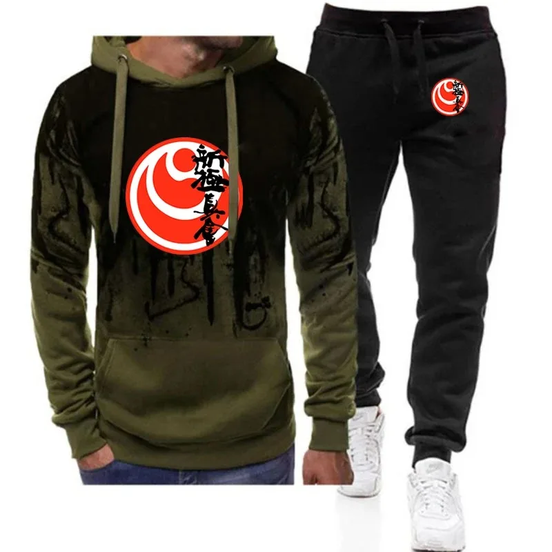 

Men's Kyokushin Karate New Spring Autumn Pullover Hooded Hoodie + Casual Printing Sweatpant Leisure Gradient Color Suit