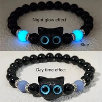 Pulseras luminosas de gato de ojo grande para mujer, colgante de Animal de dibujos animados, cadena de mano con cuentas, pulsera de amistad, regalo de joyería para pareja