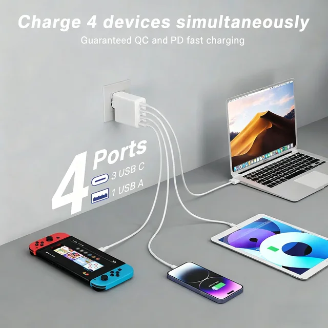 4-Ports 3C1A 100W GaN PD Fast Charger – PPS Enabled PD Wall Adapter Fast Charging Multiple Devices for Macbook, Ipad, Iphones 1