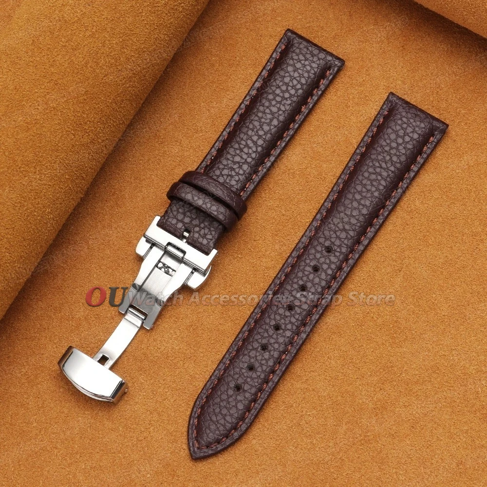 Premium Calfskin Litchi Grain Leather Watch Strap with Butterfly Buckle