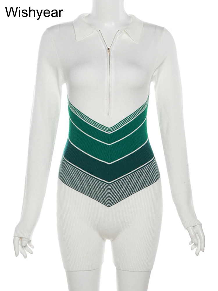 Sexy Zipper Polo-neck Full Sleeve Stretch Romper  Jumpsuit Women Fall Color Patchwork Knitted Nightclub Birthday Party Playsuits