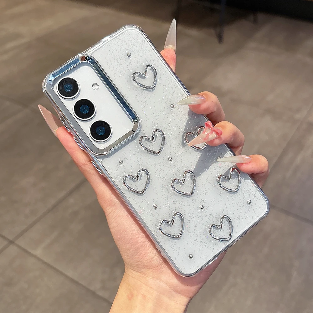 Süße 3D Silbrig Liebe Herz Handyhülle für Samsung Galaxy S25 S24 S23 FE Plus Weiche stoßfeste transparente Abdeckung Epoxidharz Shell