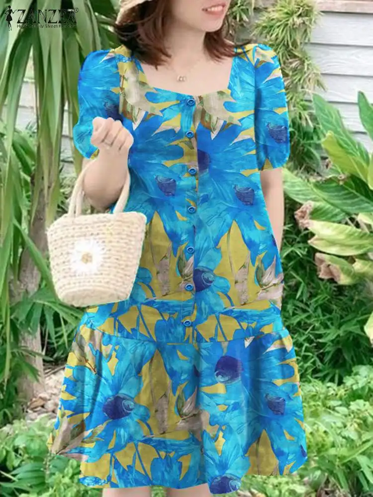 

ZANZEA 2024 Summer Puff Sleeve Short Dress Holiday Women Elegant Ruffled Hem Sundress Square Neck Fashion Floral Print Vestidos