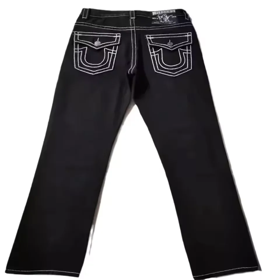 High Street Trendy Jeans White Thick Thread Buddha Religion Straight Casual Pants Men Wide Leg Pants  American Retro Style 5