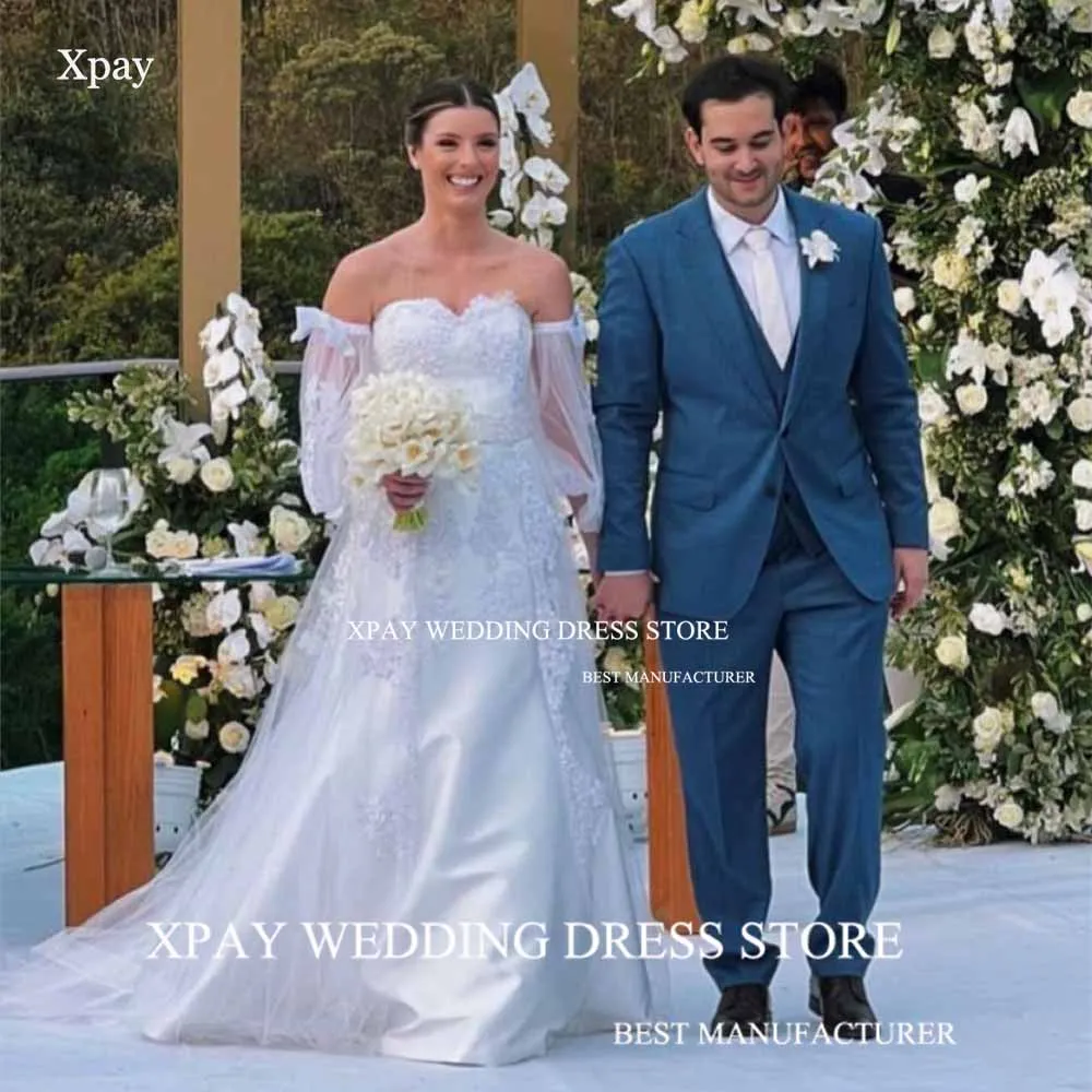 

XPAY Sweetheart Wedding Dresses 2024 Off The Shoulder Long Puff Sleeves Bridal Dress Lace Appliques Backless Custom Bride Gown