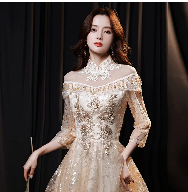 plus size gowns Vintage High Neck Champagne Evening Dresses 2021 Luxury Appliques A-Line Floor-Length Sequined Tulle Long Women Formal Gowns black formal gown