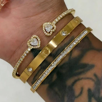 Yupsk 1/3pcs 18K Gold Plated Stainless Steel Heart Bracelet Set Fashion Zirconia Open Bangle Women's Bracelet Set For Daily Wear 1