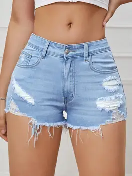 Ripped Raw Denim Shorts For Women Fashion A-line Hem Female