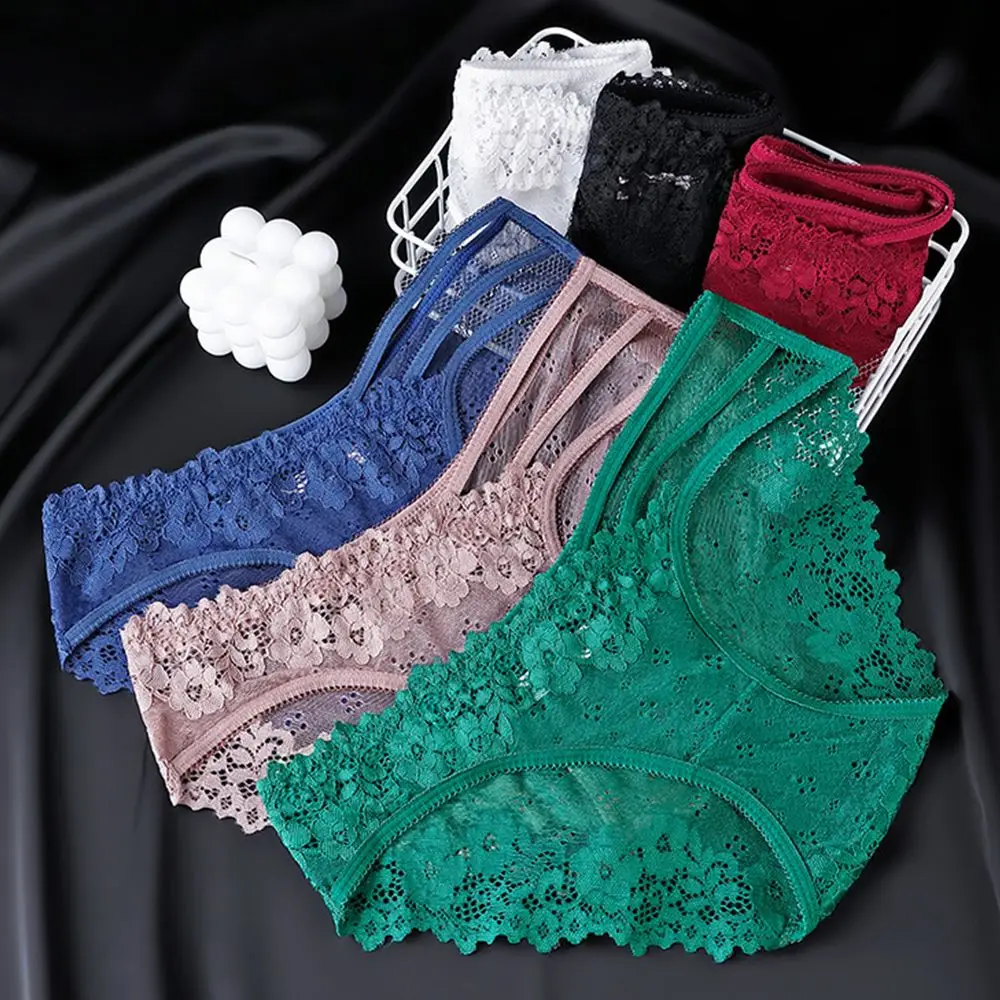 NewWomenFlowerLaceUnderwearSexyMidWaistBriefsGStringStrap
