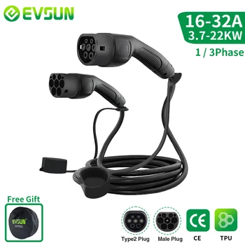 EVSUN EV Car Charger Charging Cable 1 Phase or 3 Phase Electric Vehicle 16A-32A Type 2 Female to Male IEC 62196 Plug Length 5M