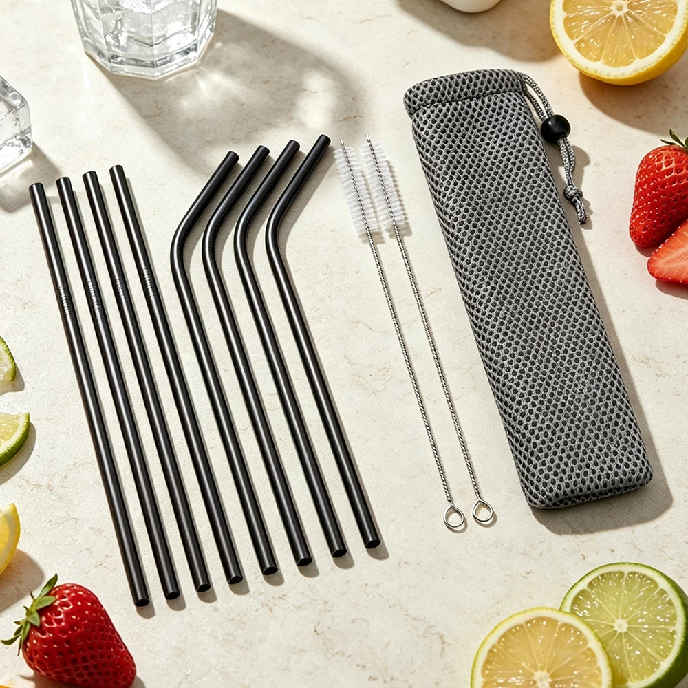 Elegant Gold Stainless Steel Reusable Straw Set with Cleaning Brush - 11 Pieces