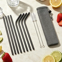 Elegant Gold Stainless Steel Reusable Straw Set with Cleaning Brush - 11 Pieces (Black)