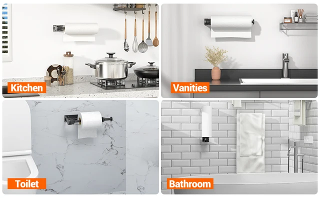 VEHHE-portarrollos de cocina montado en la pared para baño o cocina,  soporte autoadhesivo o perforador para debajo del armario, color negro