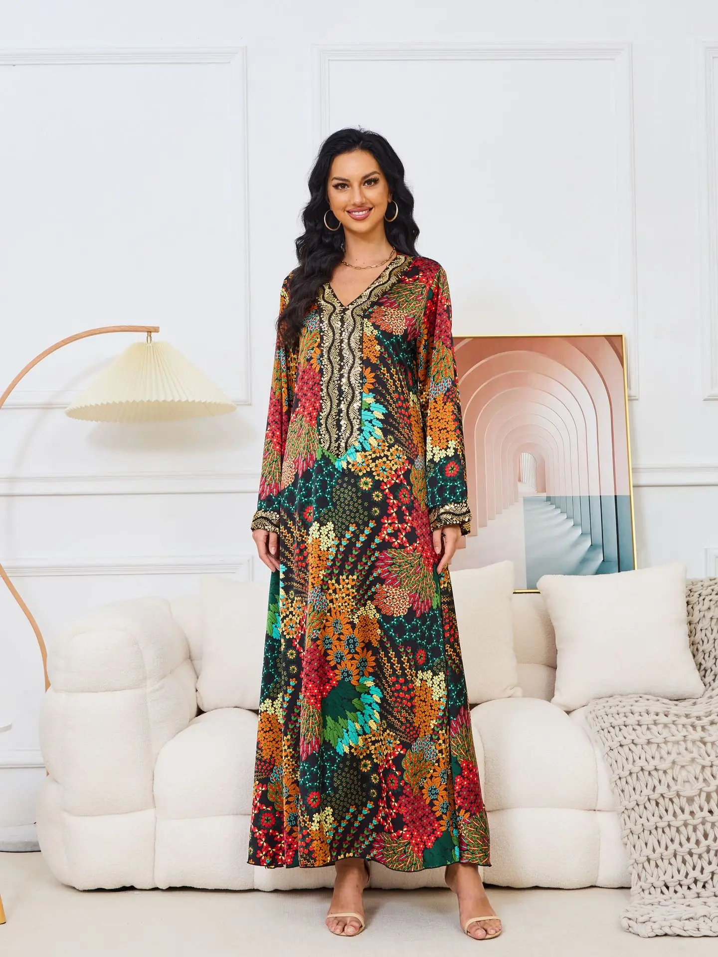 

Maxi Manga Comprida Vestido Maxi, Estampado Flroal, Dubai, Turquia, Abaya Hijab, Vintage, Primavera, 2024