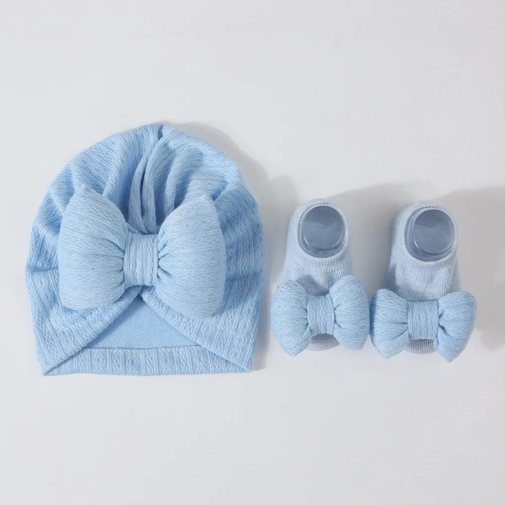 Cotton Knit Baby Hat Socks Set 0-12 Months Elastic Baby Bow Fetal Cap Big Bowknot Windproof Newborn Turban Hat Home/Outdoor