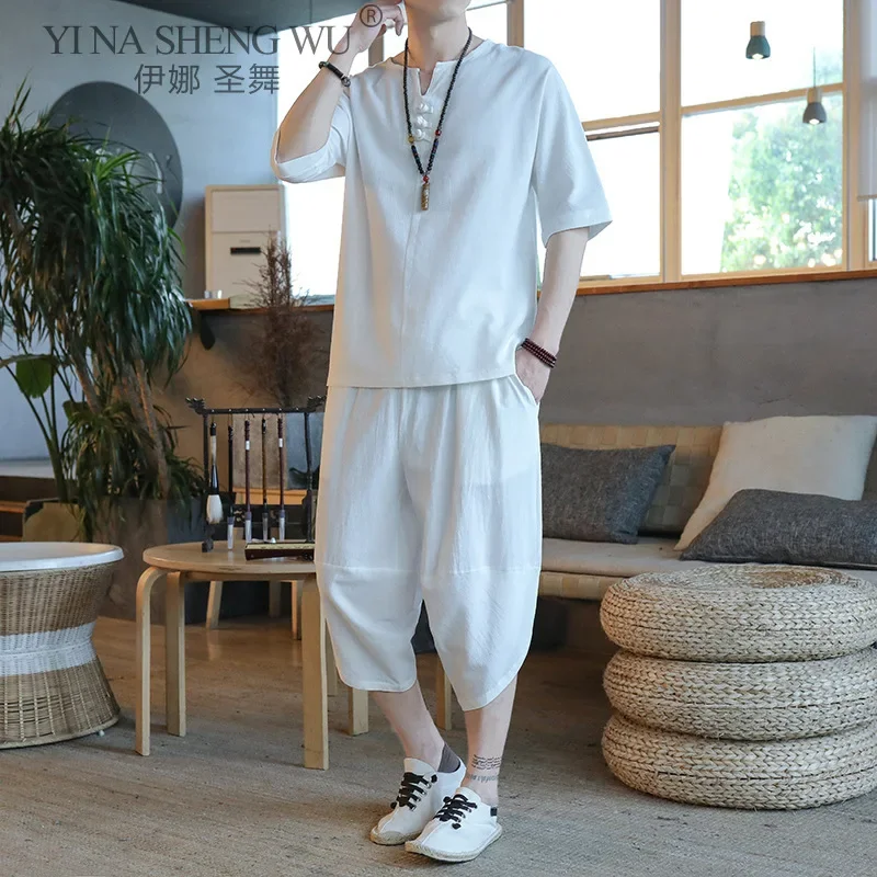 Japanese Style Suits Kimono Short-Sleeved Harajuku T-shirt Pants Men Tops Trousers Male Japan Harajuku Yukata Costumes 2pcs Set