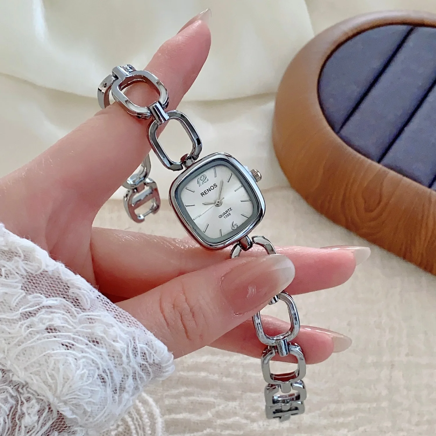 Silver Openwork Square Bracelet Women's Minimalist Wristwatch - High-Quality Elegant Timepiece