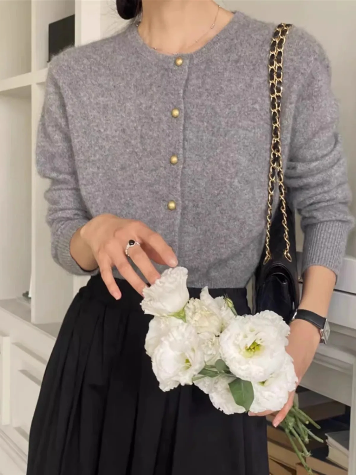 여성용 캐주얼 편안한 루즈핏 짧은 캐시미어 니트 가디건, 라운드넥 스웨터 코트, 울 탑, 용수철 및 가을