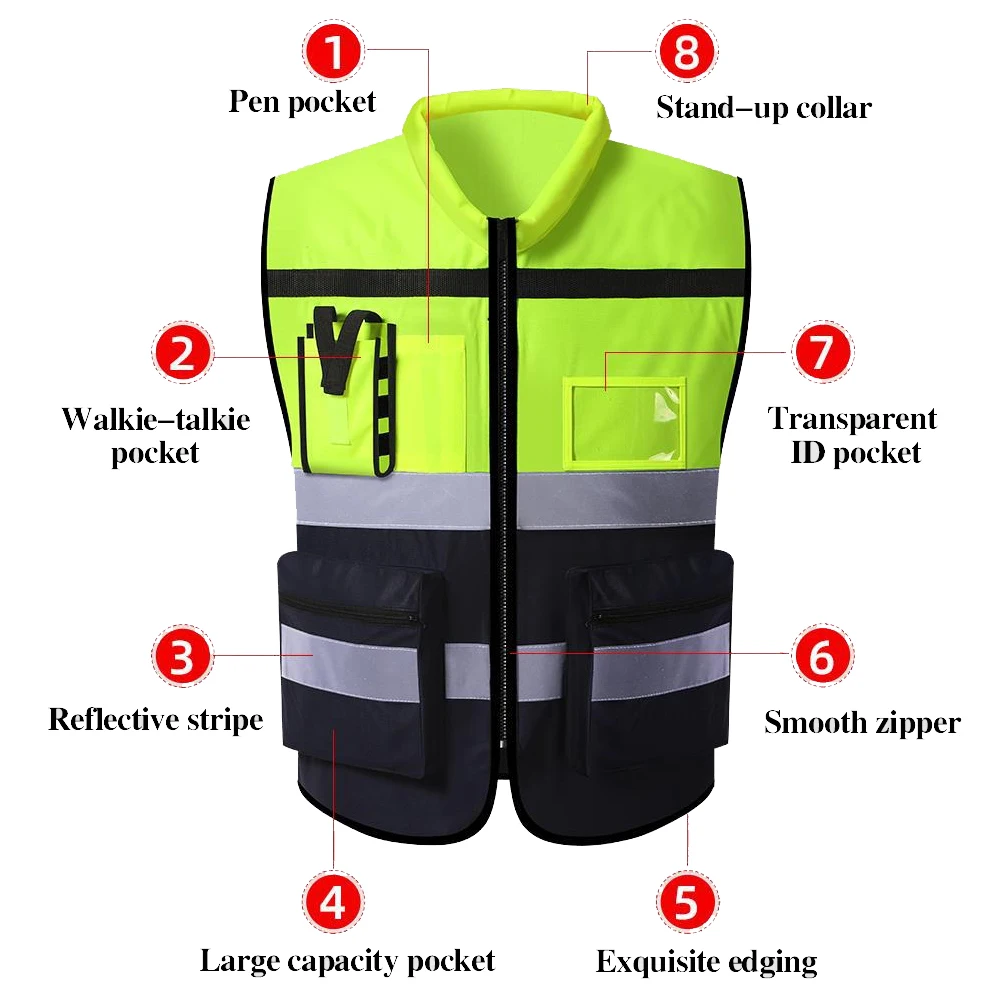 Reflective Vest Safety Vest High Visibility Vest Safety Vests with Pockets and Zipper Construction Working Clothes High Visibility Security Clothing