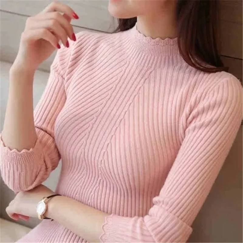 

2023 New Sweater Women Fashion Stretch Tops Women Candy Color Knitted Pullovers Long Sleeve Bottoming Knitted Sweater