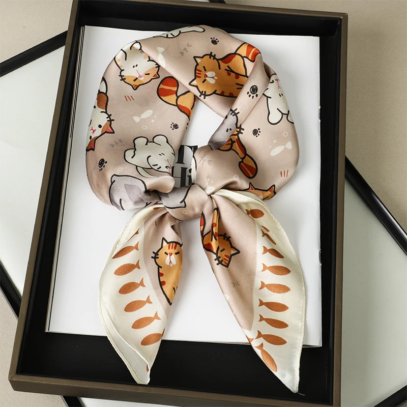 2024 Design Fashion Square Silk Schal Frauen Haarband Katze Gedruckt Kleine Satin Schals Foulard Halstuch Weibliche Stirnbänder Bandana