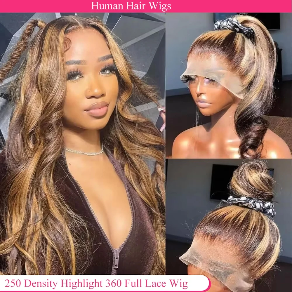 250 Density Highlight 360 Lace Front Wig Human Hair P4/27 38 Inches HD 13X4 Lace Front Wig Body Wave Highlight Wig Human Hair