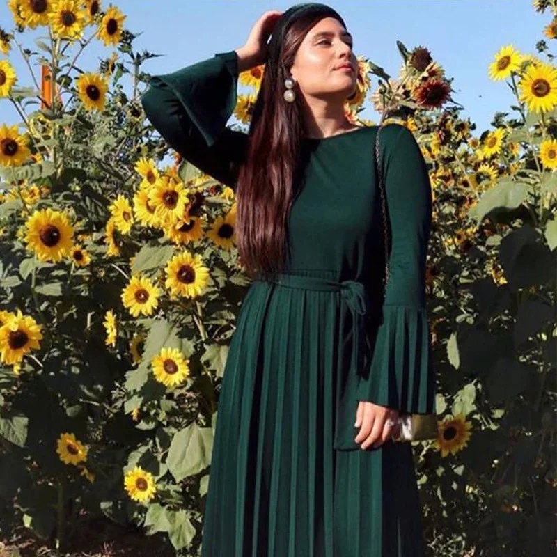 Women Abaya Dubai Turkey Femme New European and American Female Long Skirt Pleated Bell Sleeve Dress Muslim Fashion Long Dresses