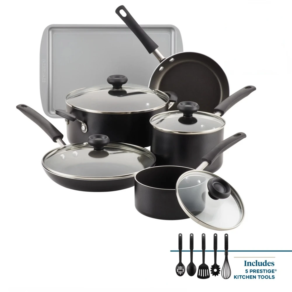 

Cookware set,15 piece set of aluminum anti slip pan and flat bottomed pan,black,durable,aluminum with multiple types of cookware