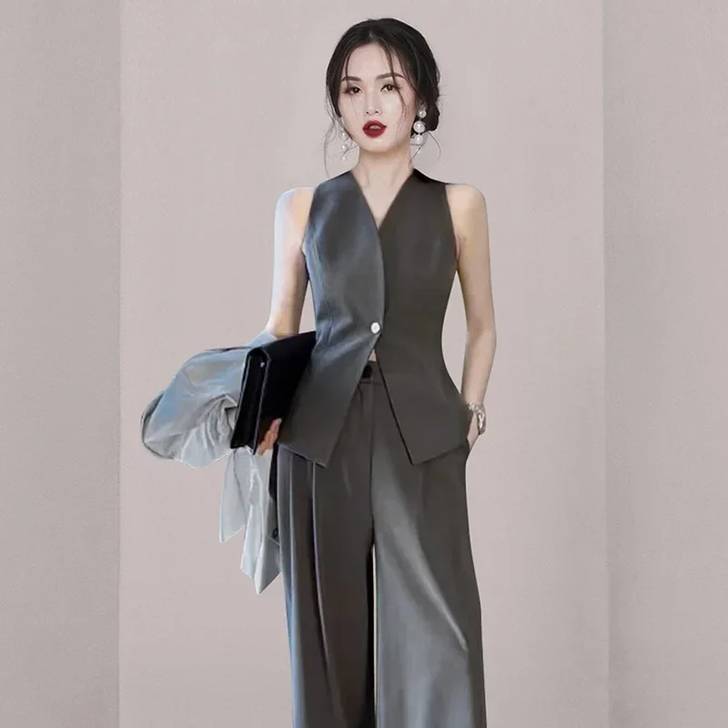 2024High end fashionable and capable temperament small fragrant style vest wide leg pants professional temperament two-piece set