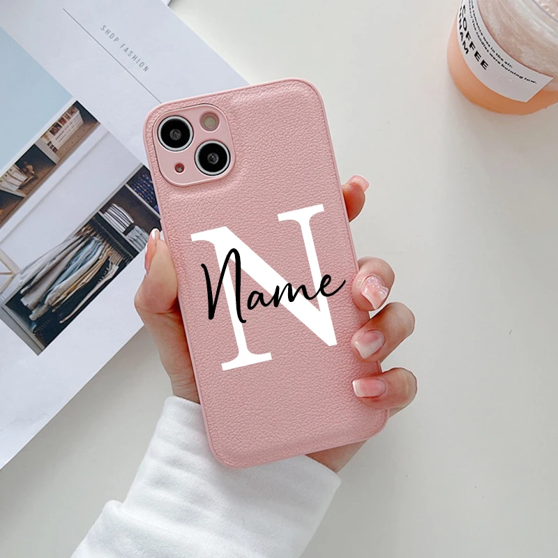 thumbnail image 1 of Custom Name Case For iPhone X XR XS 15 11 13 12 Mini 14 Pro 11Pro 14Pro Max 7 8 Plus ProMax 8Plus Text Leather Color Back Cover, 1 of 5