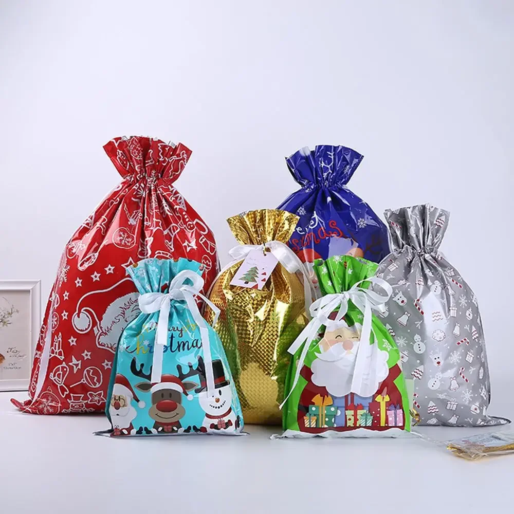 5Pcs Party Gift Bags Christmas Candy Gift Bag Plastic Drawstrings for Xmas Tree Ornament
