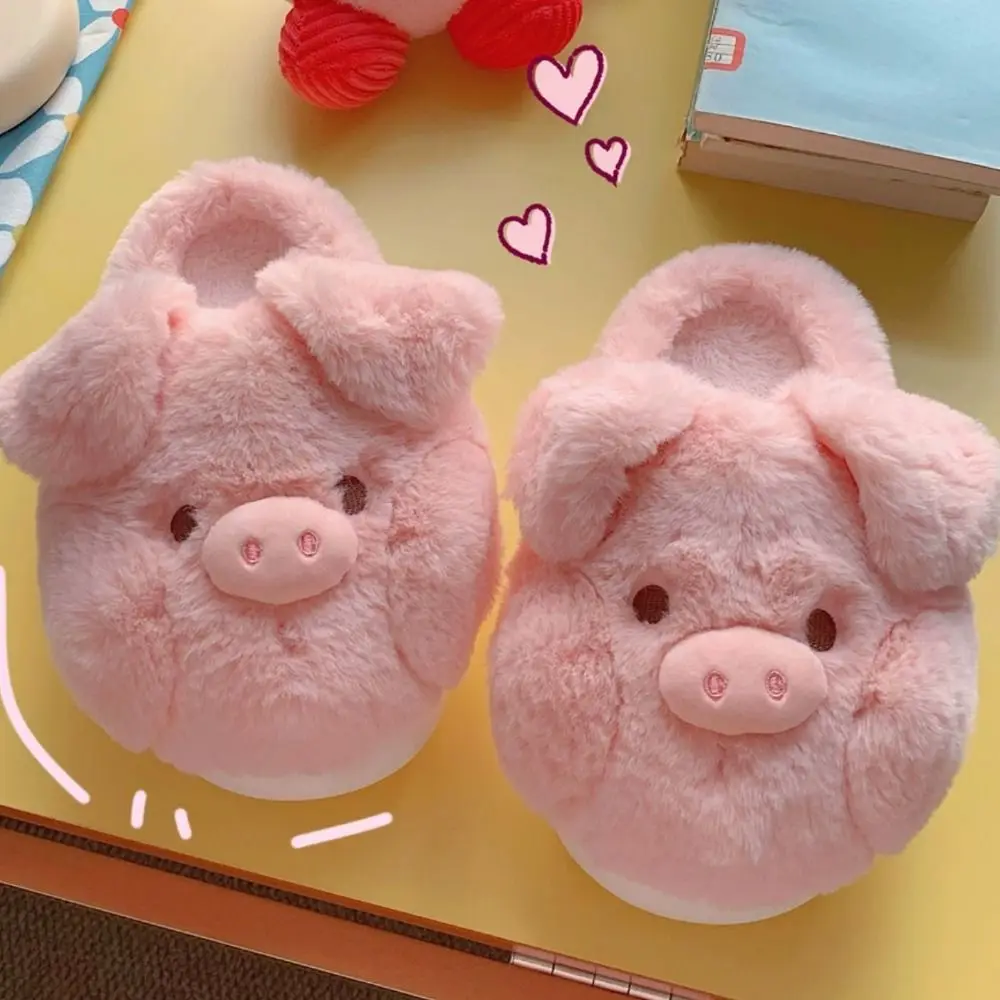 Soft Homewear Pig Plush Slippers Thicken Cartoon Winter Warm Slippers Anti-slip Thick Soled Furry Cotton Shoes Indoor