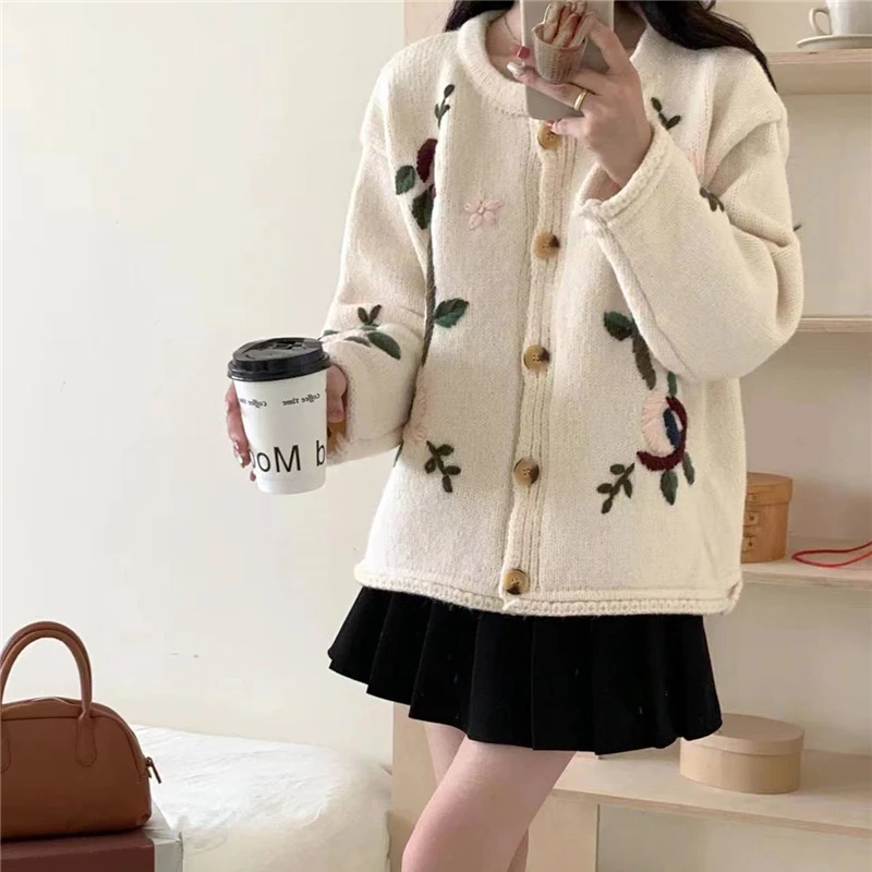 

Autumn New French Embroidery Knitted Women's Cardigan Long Sleeves Sweater Vintage Loose Coat Tops Long Korean Sweet Fashion