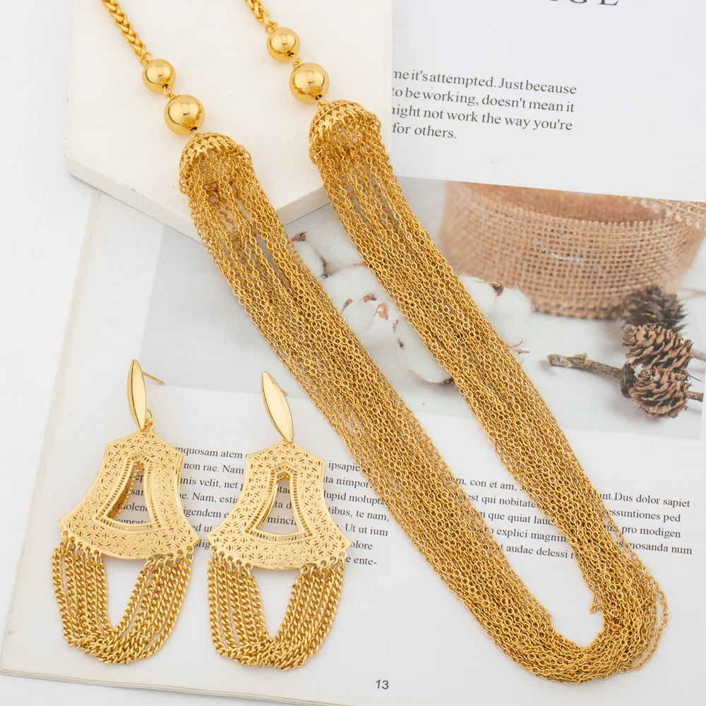 

Indian Gold Color Necklace Earrings Jewelry Set African Dubai Long Chain Necklace with Drop Earrings 2Pcs Set for Weddings Bride