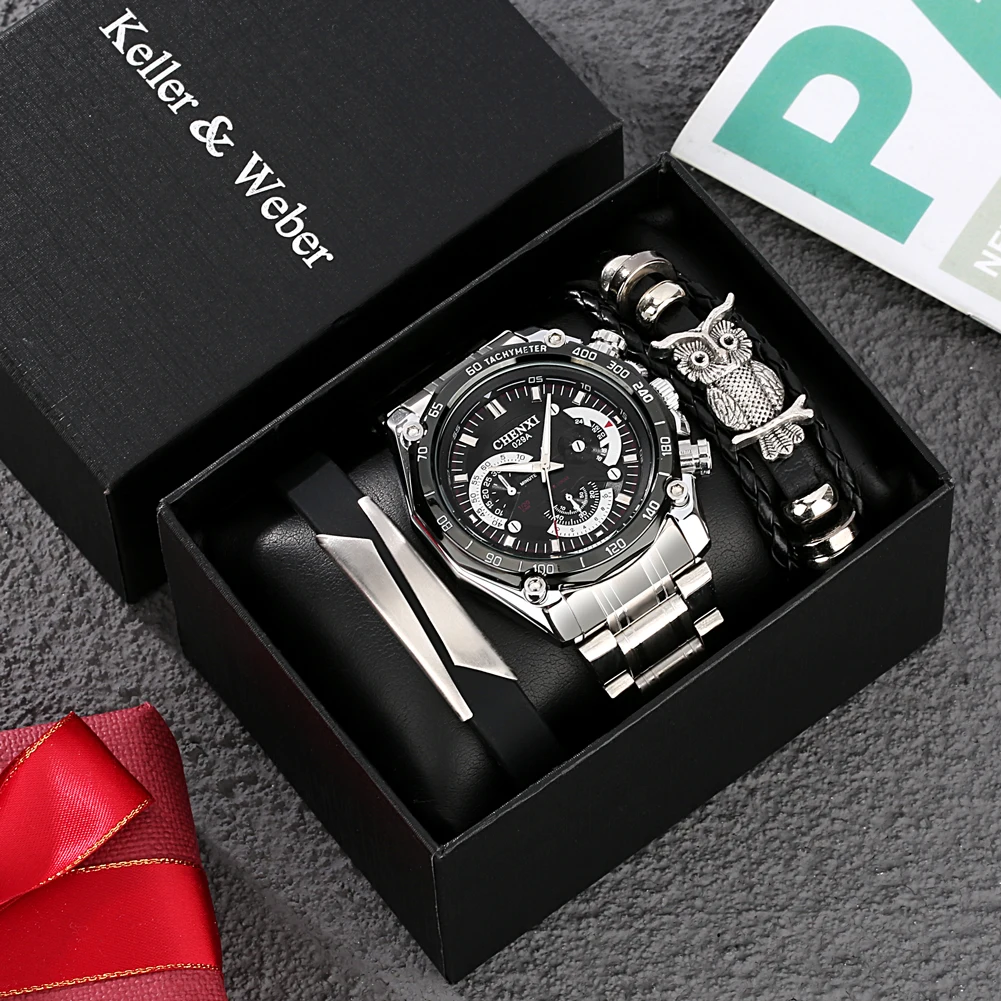 

Men's Luxury Calendar Watch Fashion Bracelet Wristwatch Gift Set Birthday Anniversary Gifts for Friend Father relógio masculino
