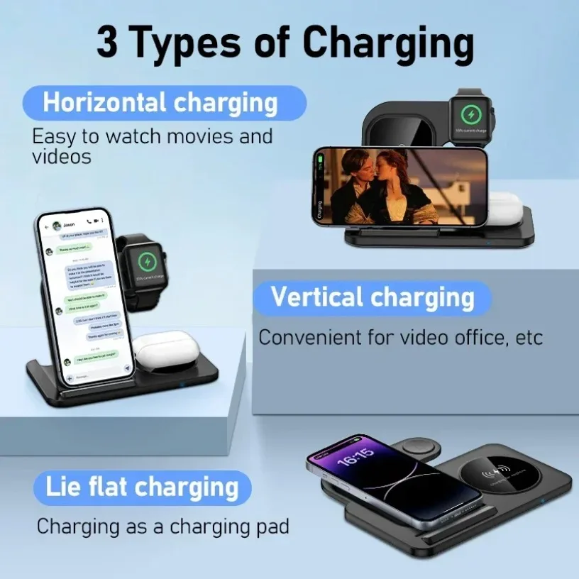 3 in 1 Wireless Charging Station for Apple Devices Foldable Fast Charger Stand for iPhone iWatch AirPods Pro with Night Light thumbnail 2