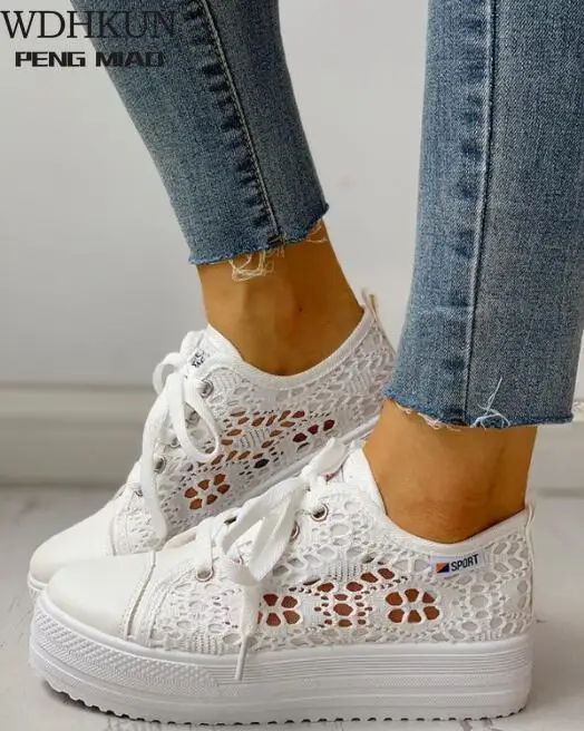 Women Shoes 2022 Fashion Summer Casual White Shoes Cutouts Lace Canvas