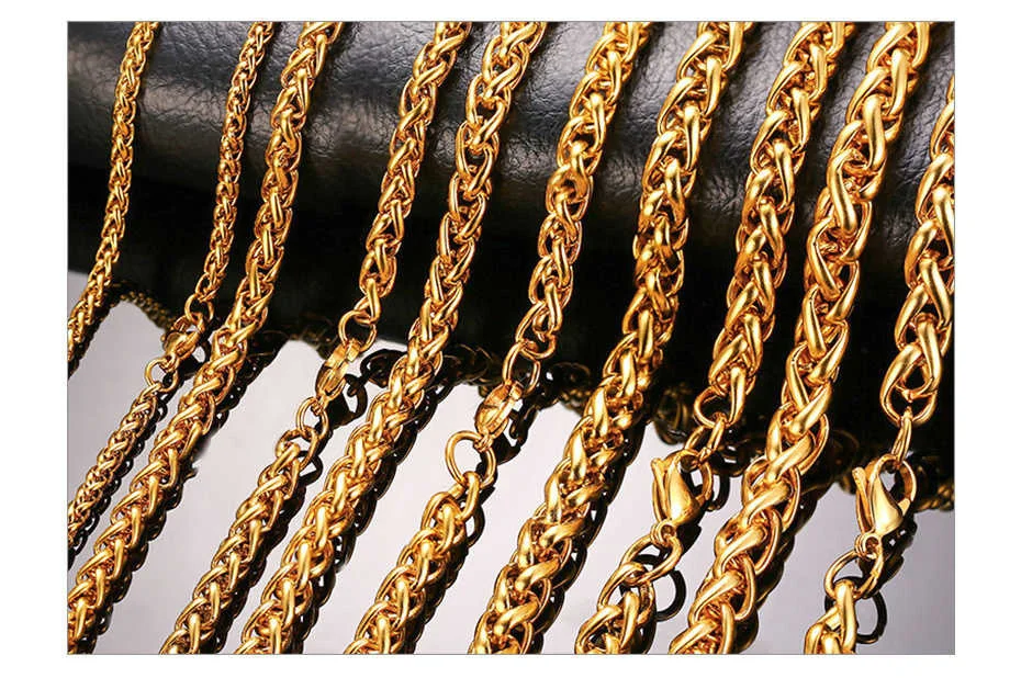 Vnox Gold Farbe Männer Edelstahl Weizen Spiga Franco Link Kette Halskette Männlichen Schmuck 24 Zoll in 3-7MM Breite – Detail 6