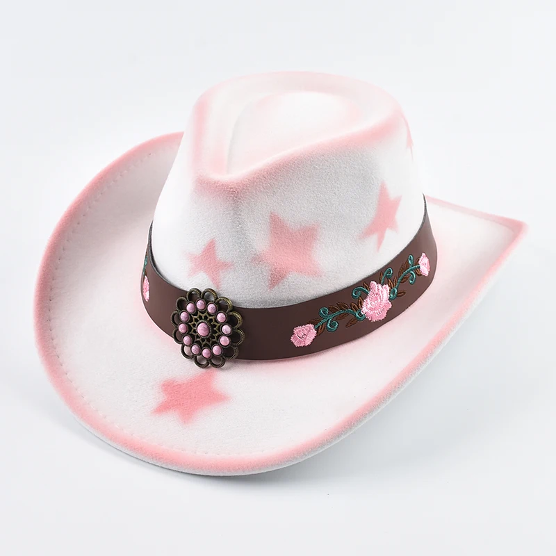 New Western Style Cowgirl Hat Vintage Roll Up Brim Gentleman Lady Felt Jazz Hats Pink Women Girls Birthday Party Cowboy Hat