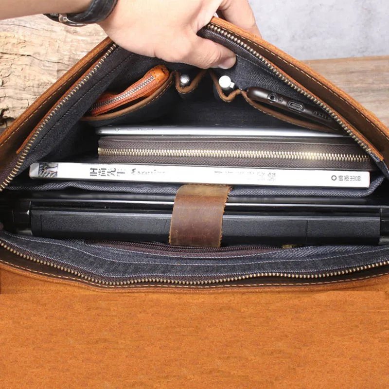 Leather Briefcase Men A4 File Document Handbag Laptop Shoulder Bag Business Computer Bag