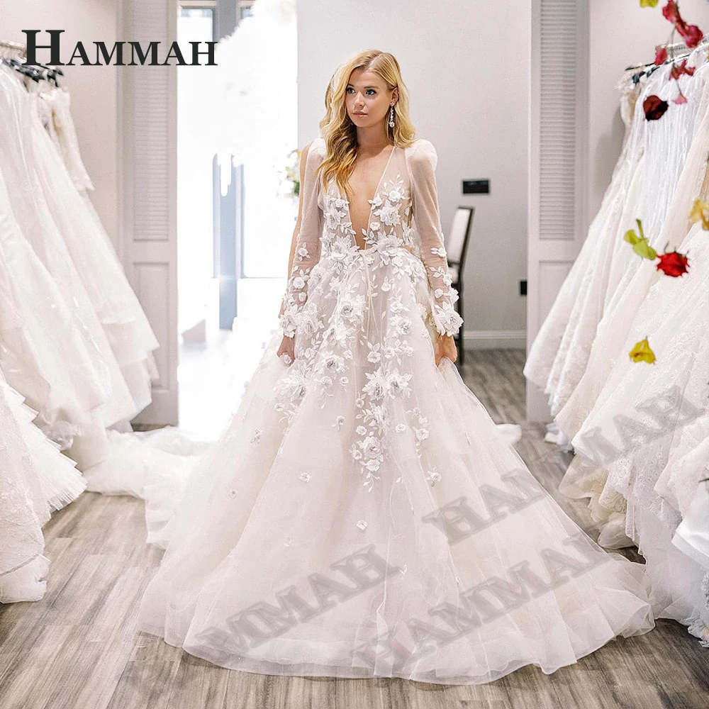 

HAMMAH Wedding Dresses Deep V Neck Full Sleeve A Line Court Train 3D Appliques Elegant Vestidos De Novia Dropping Shipping