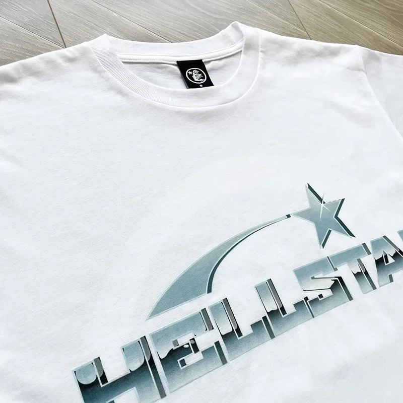 

24ss Hell Star Metal Stainless Steel Tee Men Women 1:1 Best Quality Metal Logo Pure Cotton White T Shirts